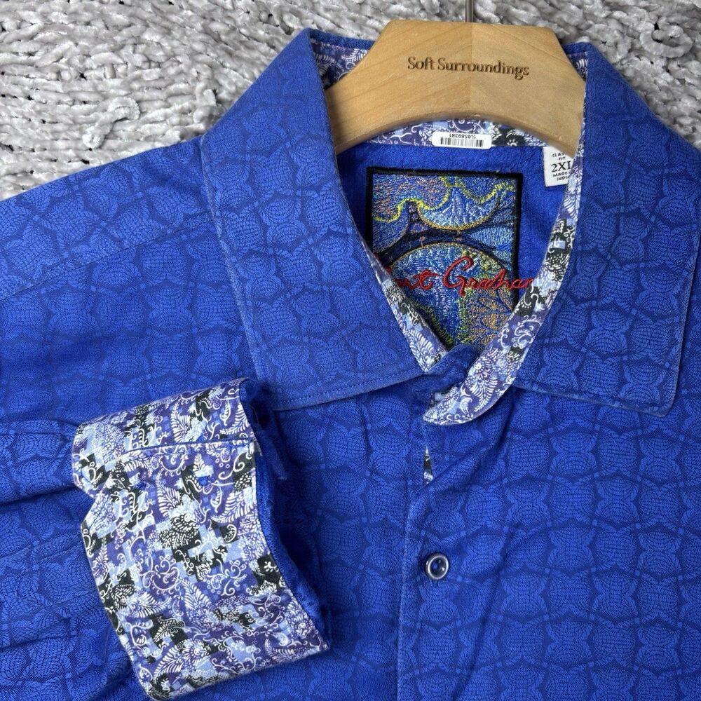 Robert Graham Button Shirt Mens 2XL Classic Fit Long Sleeve Flip Cuffs Geometric